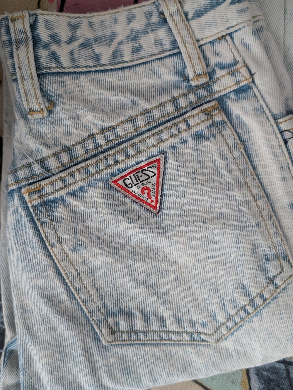Guess Light Acid Wash Denim Jeans with Red Logo Patch